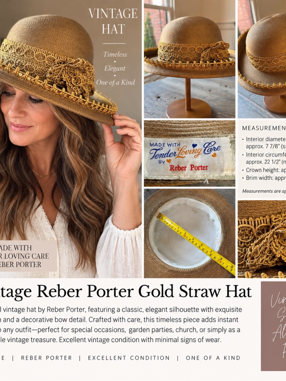 Gold Straw Hat with Decorative Trim
